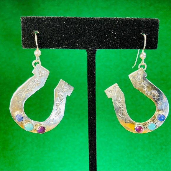 Sterling Horseshoe Earrings with Stones and Stampwork. Hallmarked.  Ships FREE - Picture 4 of 9
